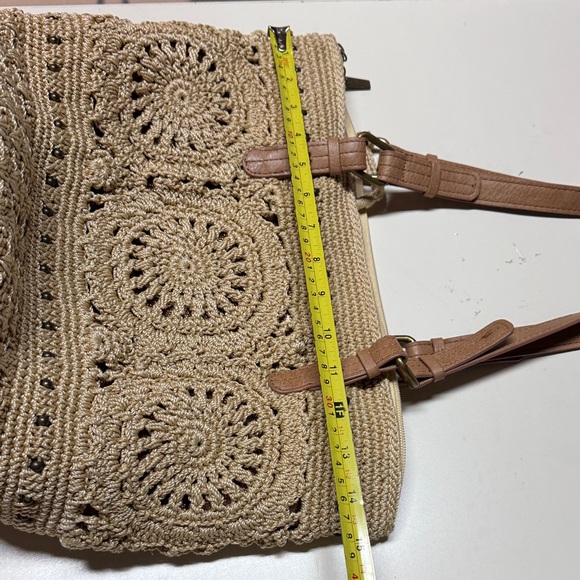 Woven Crochet Tote Bag with Leather Straps - Beige - Picture 12 of 13
